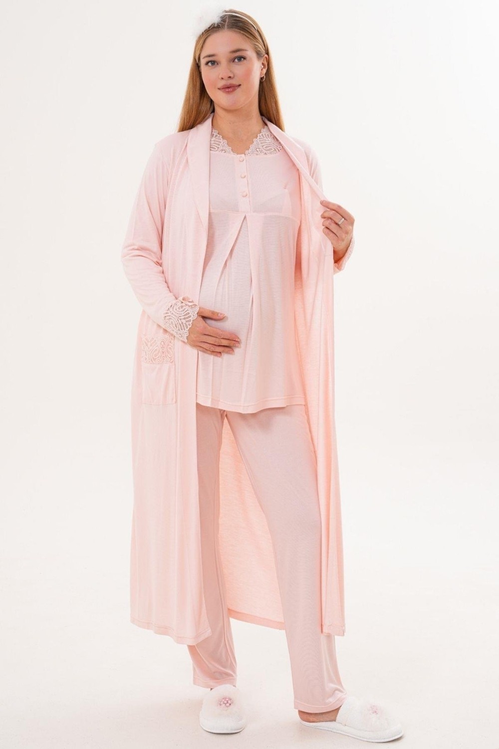 Mecit Pijama Mecit 6330 Pudra Sabahlıklı Lohusa Pijama Takımı görsel 2
