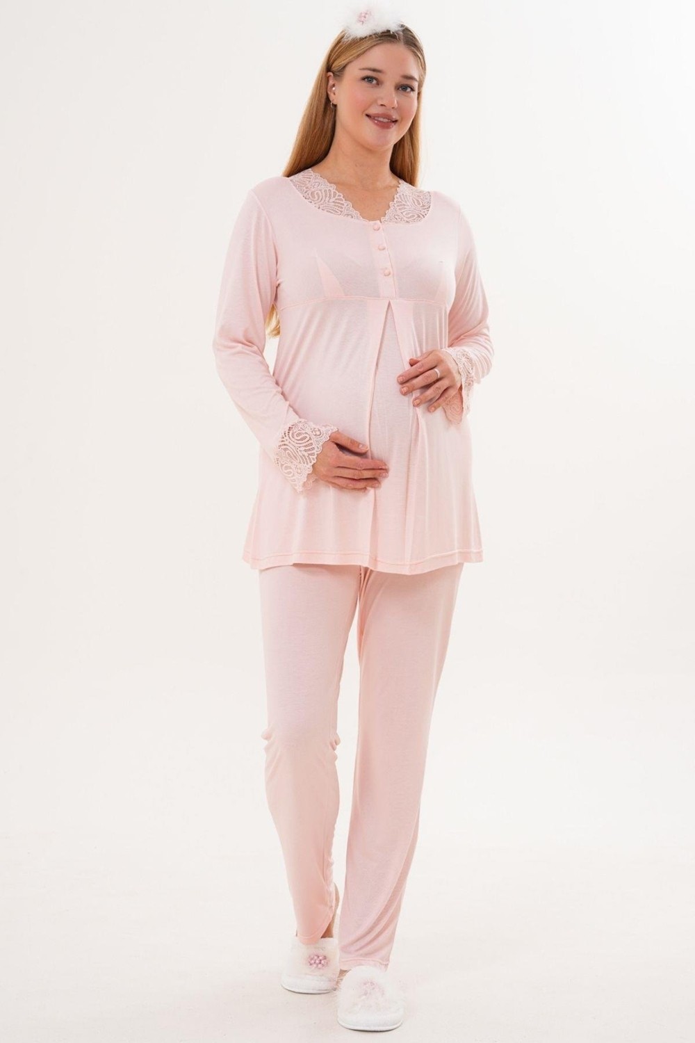 Mecit Pijama Mecit 6330 Pudra Sabahlıklı Lohusa Pijama Takımı görsel 4