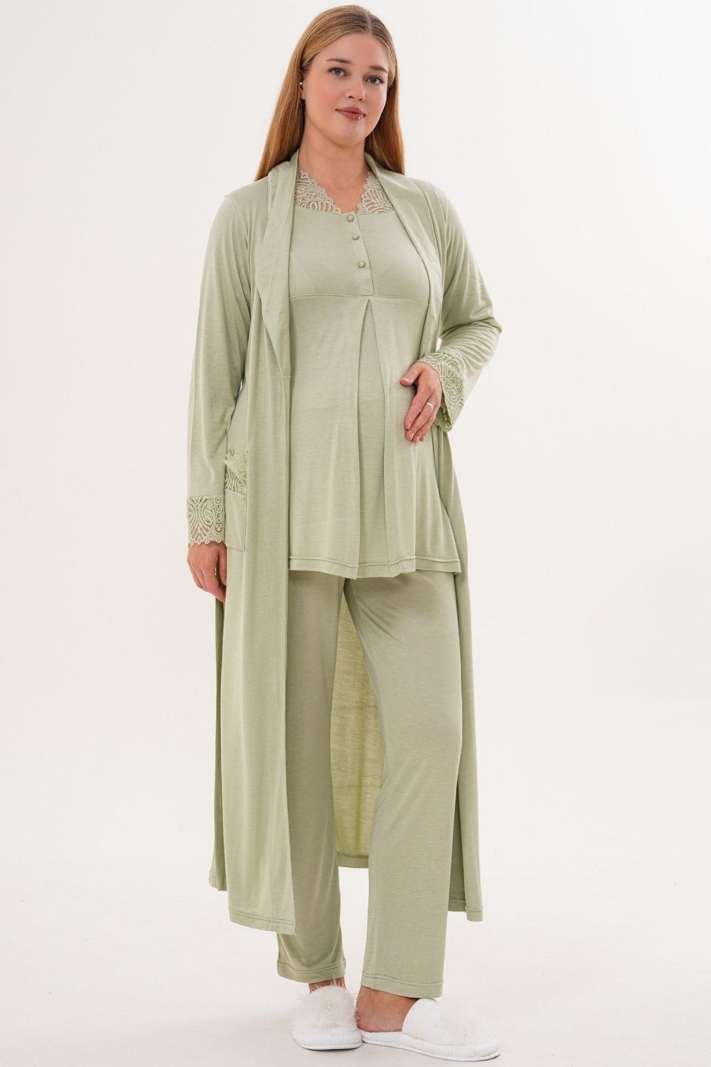 Mecit Pijama Mecit 6330 Yeşil Sabahlıklı Lohusa Pijama Takımı