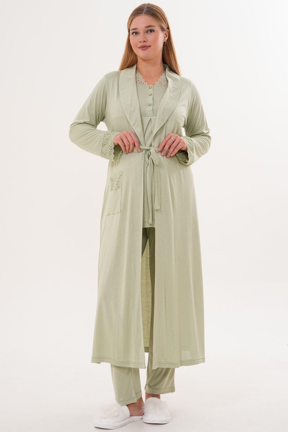Mecit Pijama Mecit 6330 Yeşil Sabahlıklı Lohusa Pijama Takımı görsel 2