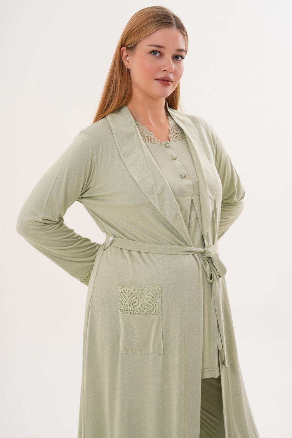 Mecit Pijama Mecit 6330 Yeşil Sabahlıklı Lohusa Pijama Takımı görsel 5