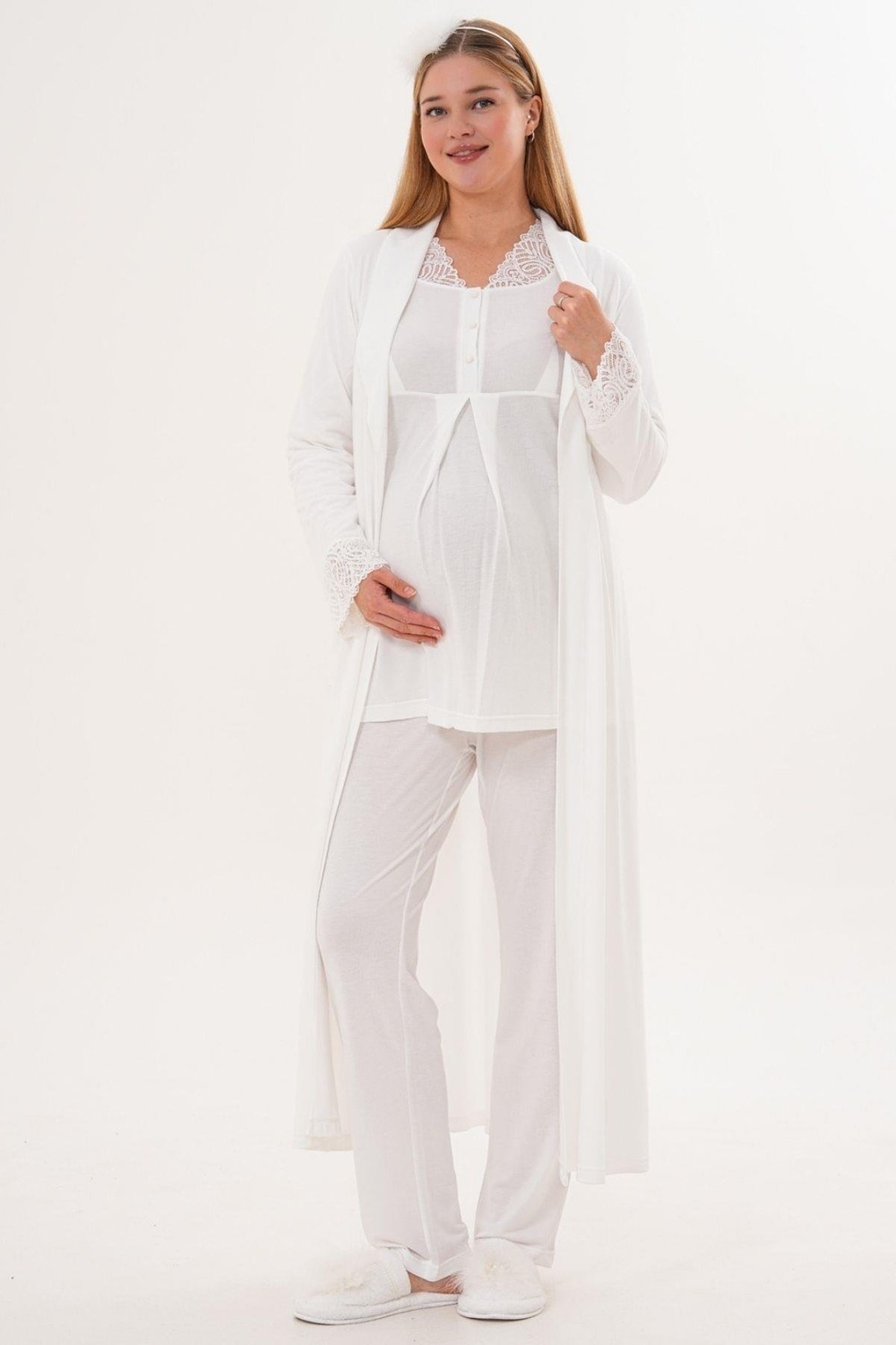 Mecit Pijama Mecit 6330 Ekru Sabahlıklı Lohusa Pijama Takımı