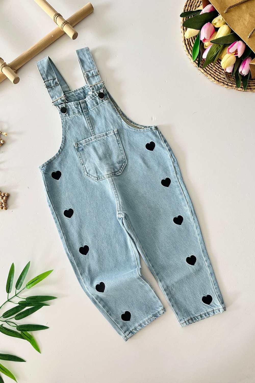 Miniğimin Cicileri Kalp Işleme Kız Çocuk Kot salopet - Siyah