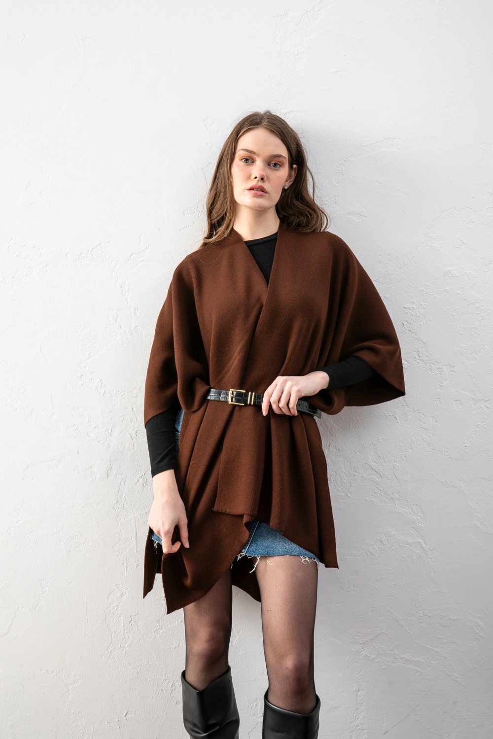 Wega Moda Kadın Kemerli Triko Panço / Pelerin, Şık ve Rahat Panço, Triko Panço