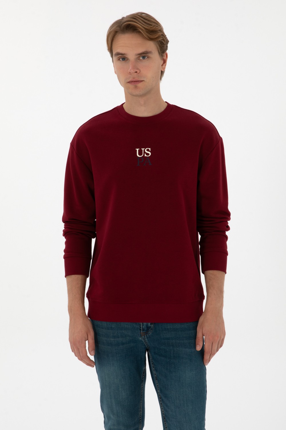 U.S. Polo Assn. Erkek Comfort Fit Bisiklet Yaka Bordo Basic Sweatshirt 50313760-VR014