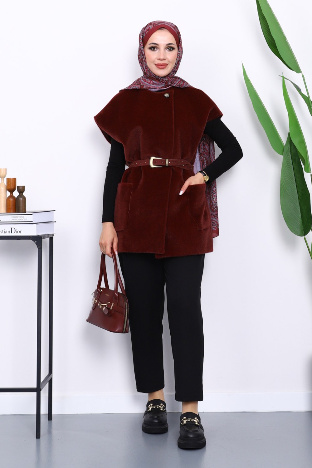 İmaj Butik Bordo Cepli Kemerli Kaşe Yelek görsel 2