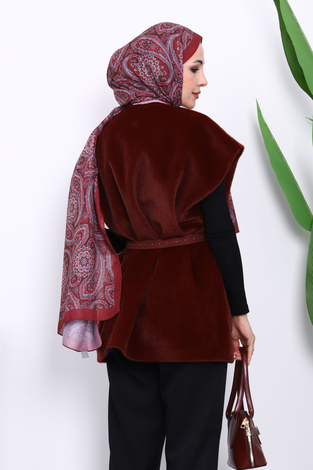 İmaj Butik Bordo Cepli Kemerli Kaşe Yelek görsel 4