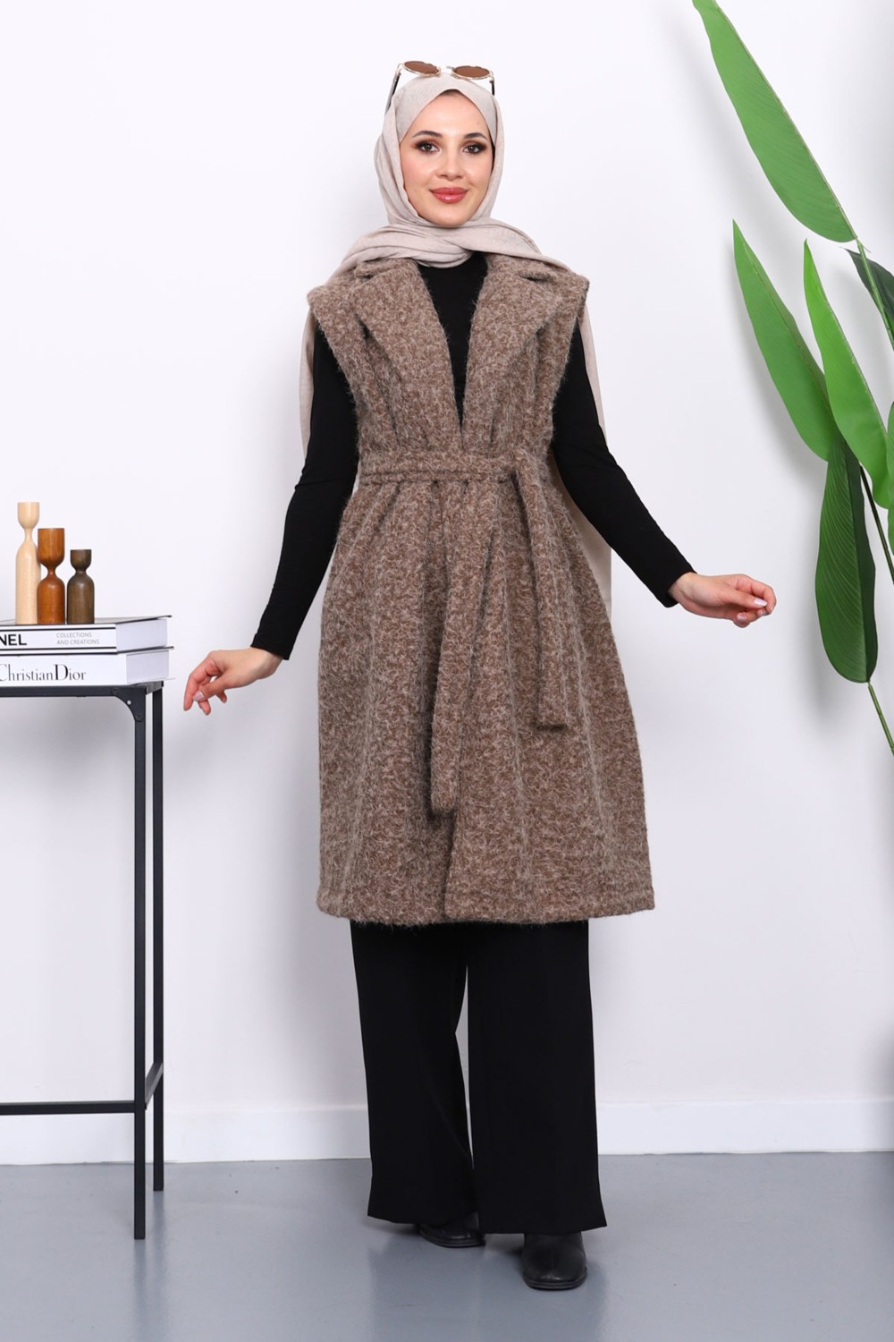 İmaj Butik Lacivert Kruvaze Yaka Kuşaklı Keçe Yelek