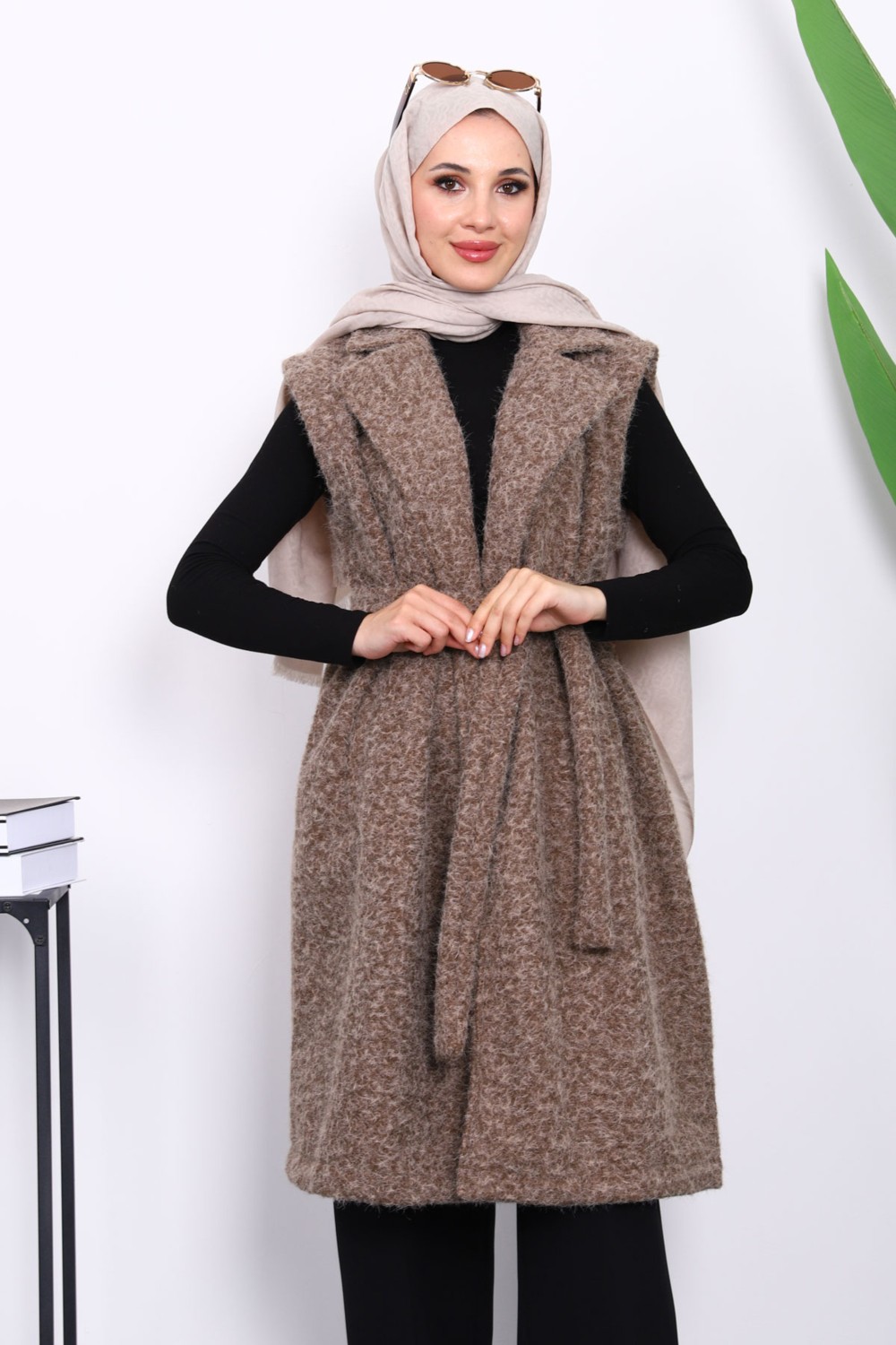 İmaj Butik Lacivert Kruvaze Yaka Kuşaklı Keçe Yelek görsel 3
