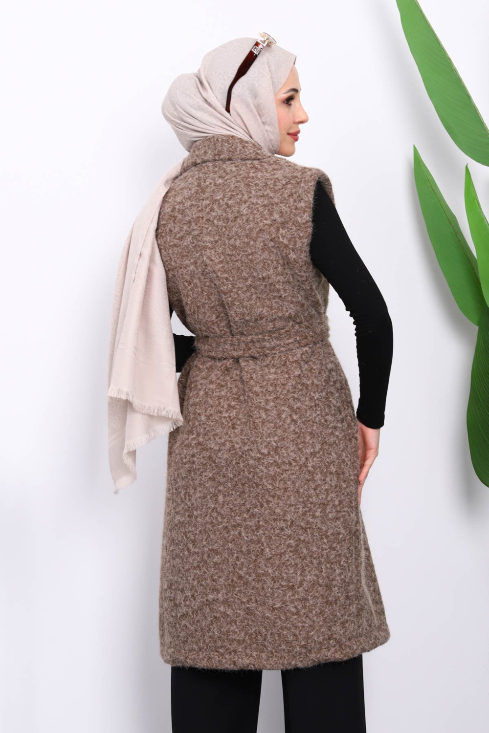 İmaj Butik Lacivert Kruvaze Yaka Kuşaklı Keçe Yelek görsel 4