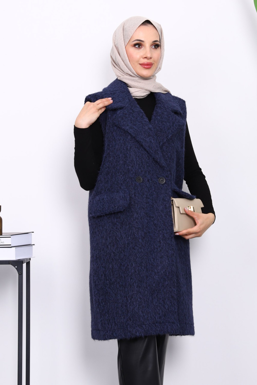 İmaj Butik Lacivert Kruvaze Yaka Astarlı Kaşe Yelek görsel 7