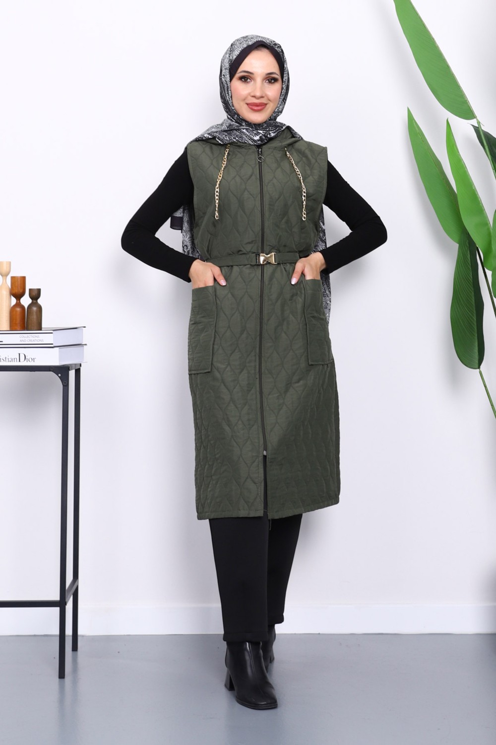 İmaj Butik Haki Kapüşonlu Kemerli Kapitone Yelek