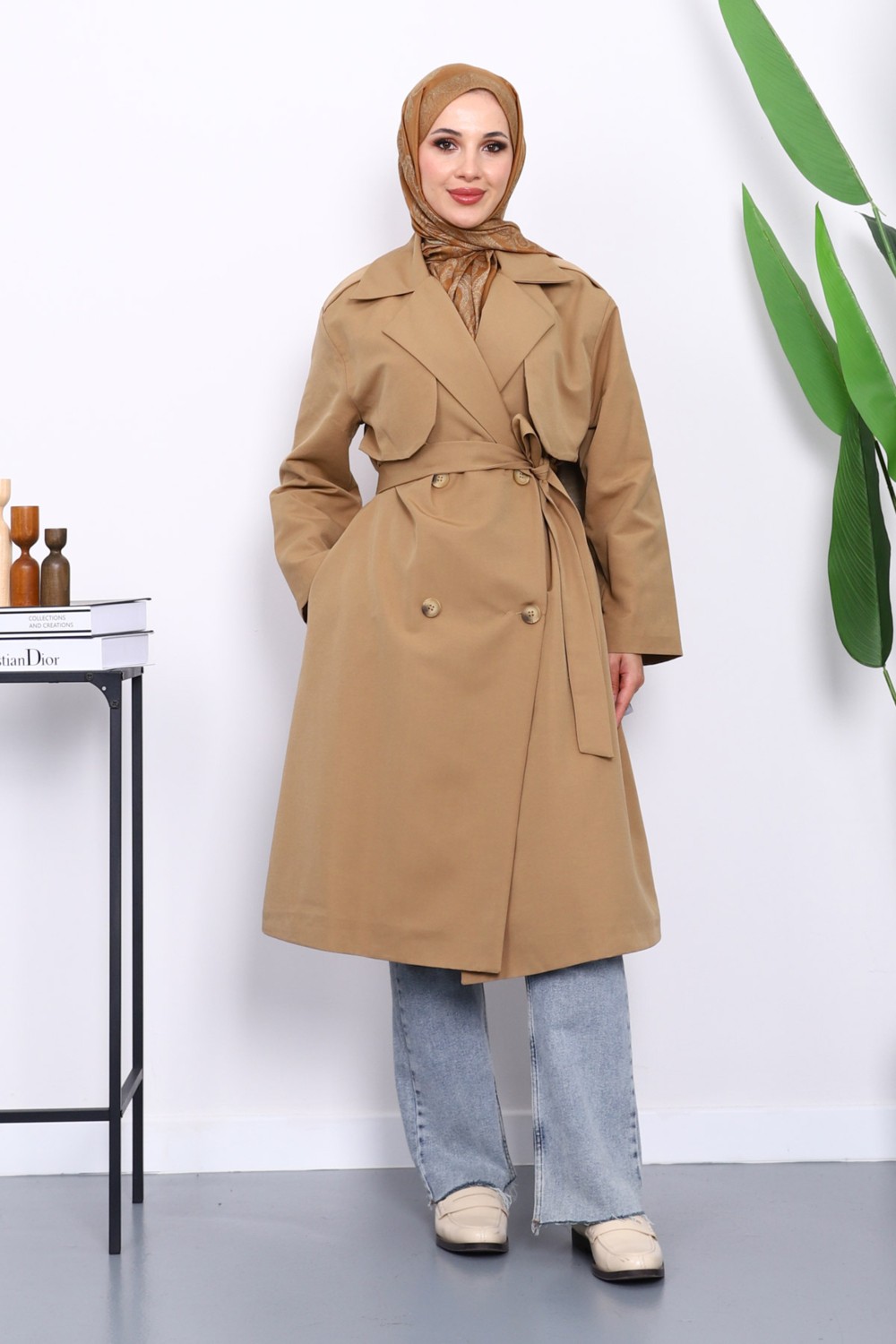 İmaj Butik Lacivert Kravuze Yaka Kuşaklı Cepli Trençkot