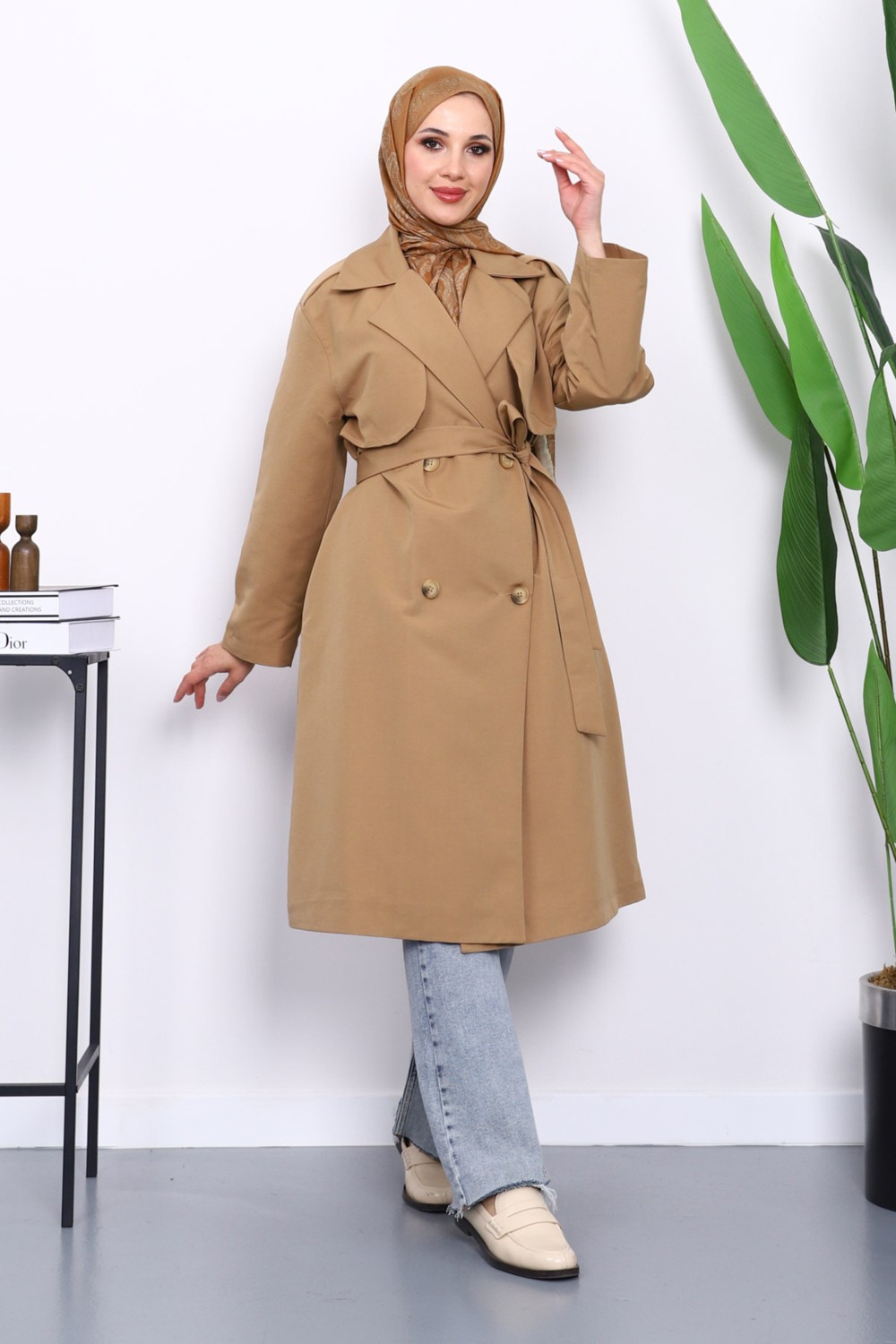 İmaj Butik Lacivert Kravuze Yaka Kuşaklı Cepli Trençkot görsel 2