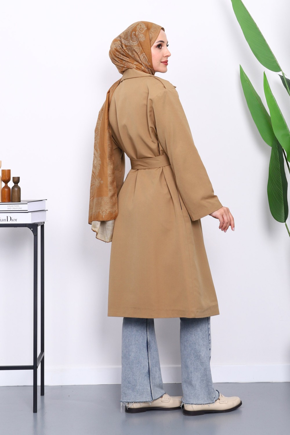 İmaj Butik Lacivert Kravuze Yaka Kuşaklı Cepli Trençkot görsel 4