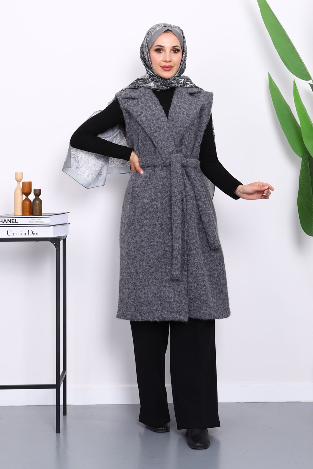 İmaj Butik Lacivert Kruvaze Yaka Kuşaklı Keçe Yelek görsel 5