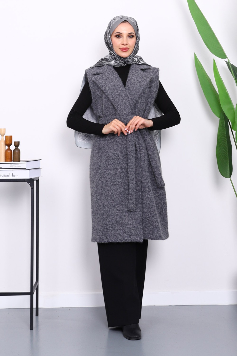İmaj Butik Lacivert Kruvaze Yaka Kuşaklı Keçe Yelek görsel 6