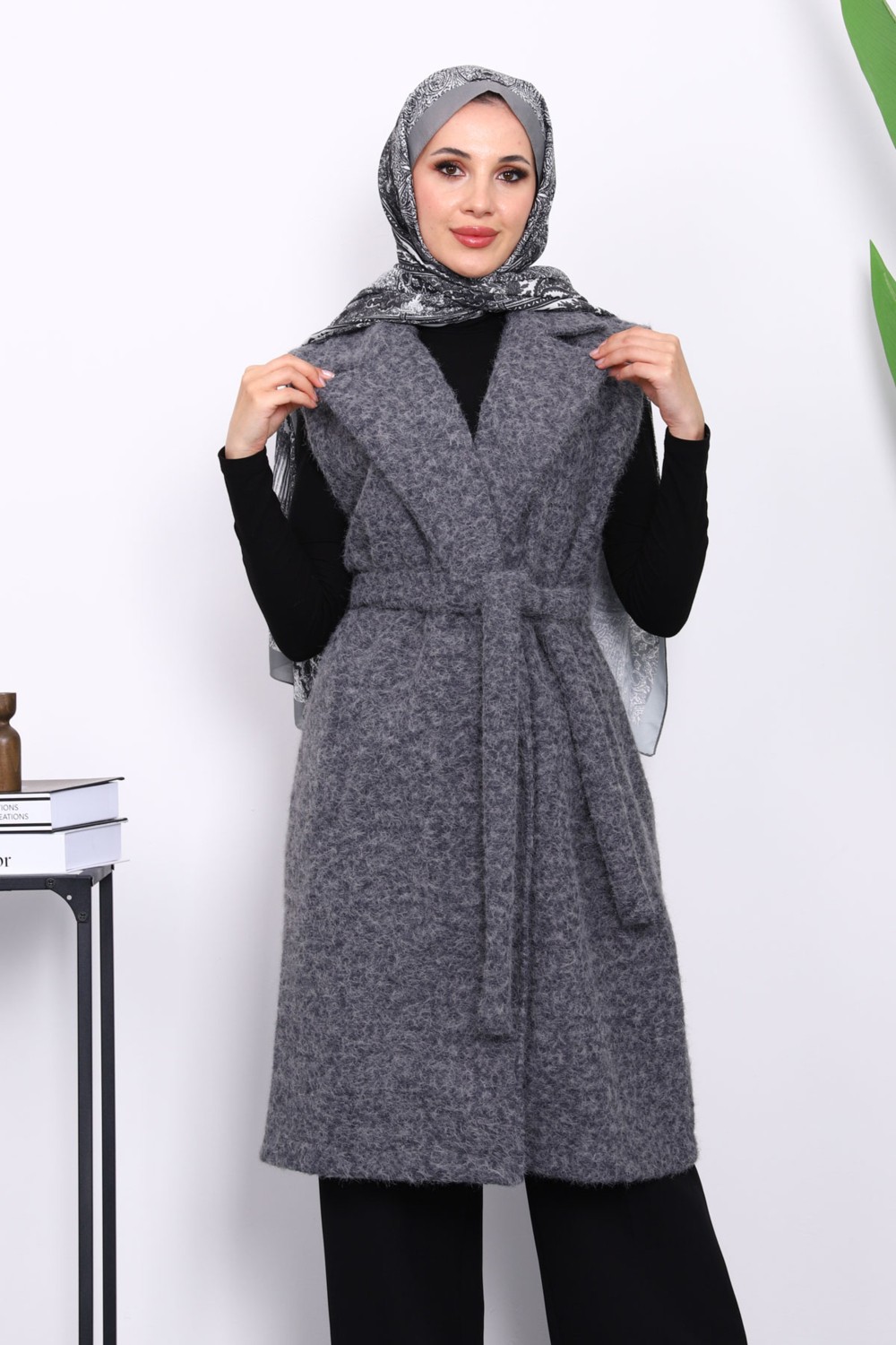 İmaj Butik Lacivert Kruvaze Yaka Kuşaklı Keçe Yelek görsel 7