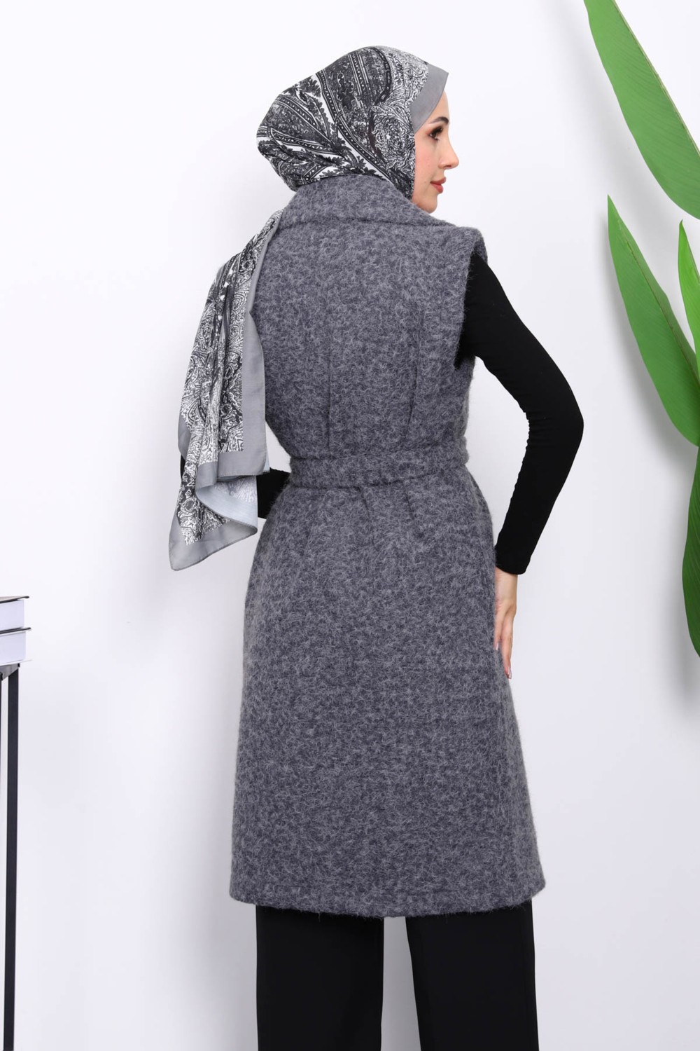 İmaj Butik Lacivert Kruvaze Yaka Kuşaklı Keçe Yelek görsel 8