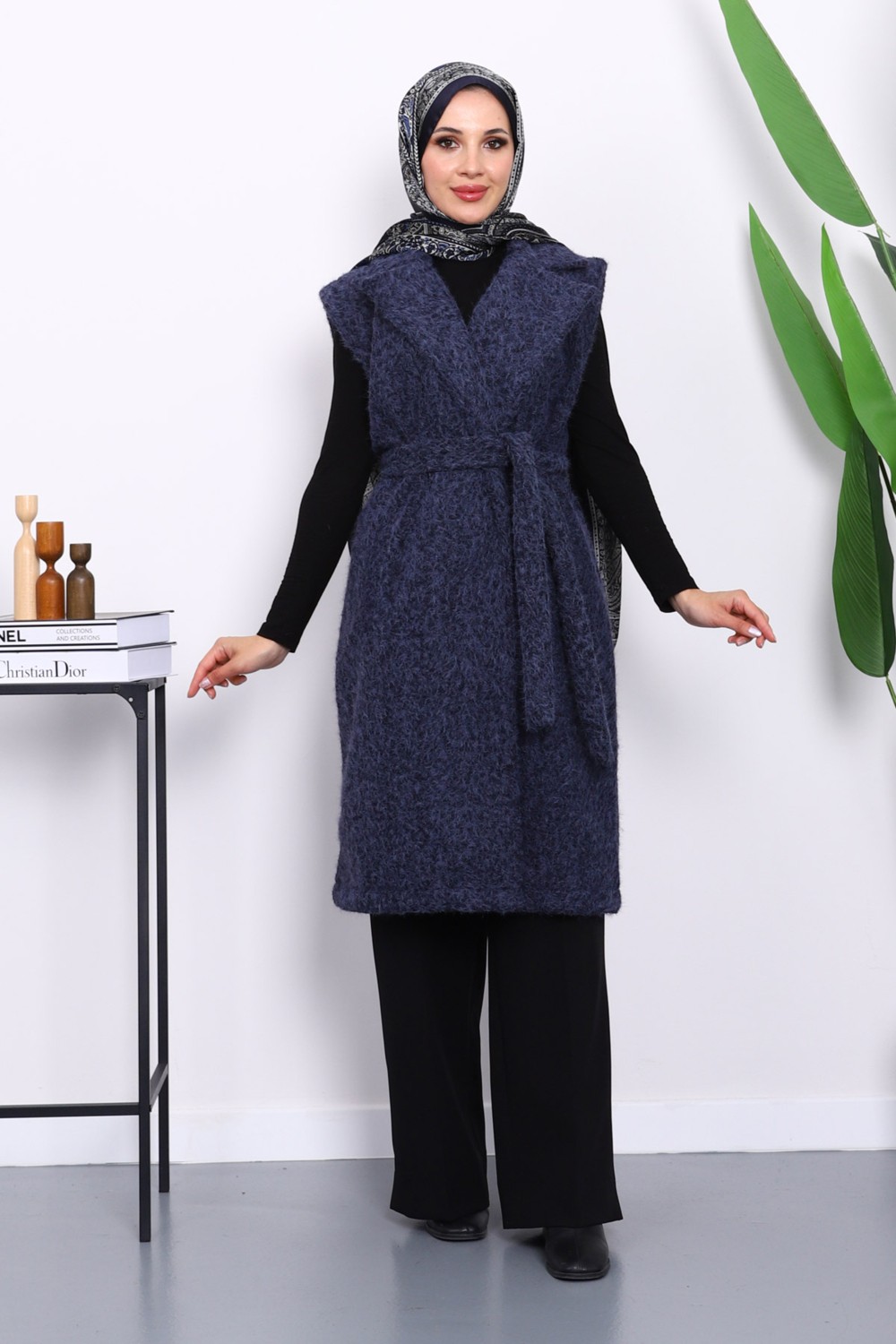 İmaj Butik Lacivert Kruvaze Yaka Kuşaklı Keçe Yelek