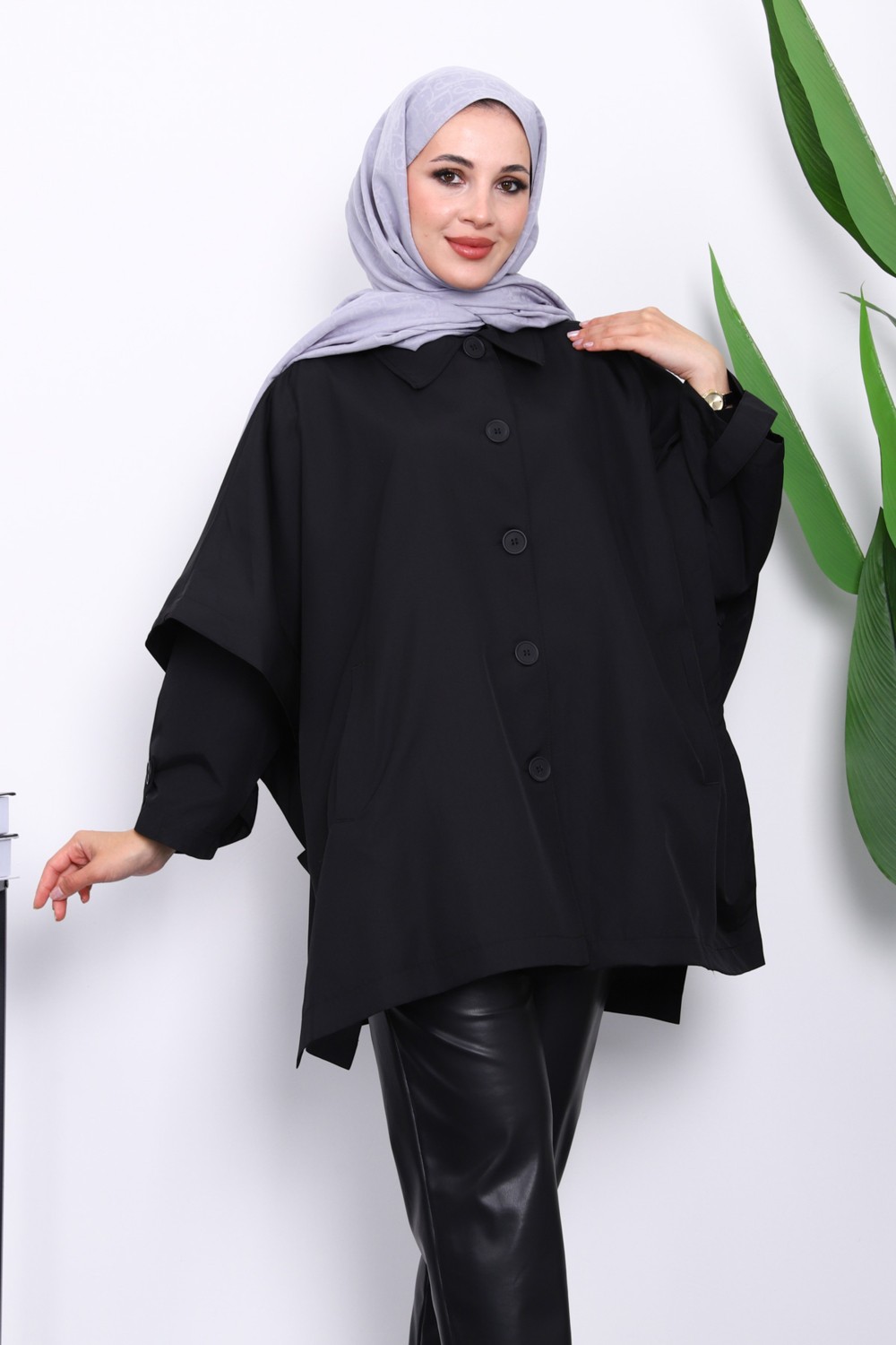 İmaj Butik Siyah Oversize Düğmeli Panço Trenç