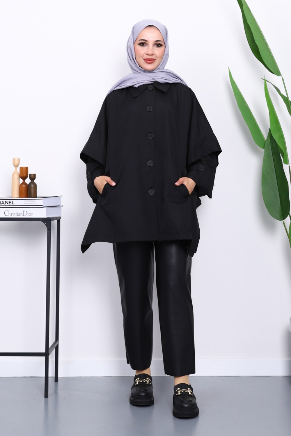 İmaj Butik Siyah Oversize Düğmeli Panço Trenç görsel 2