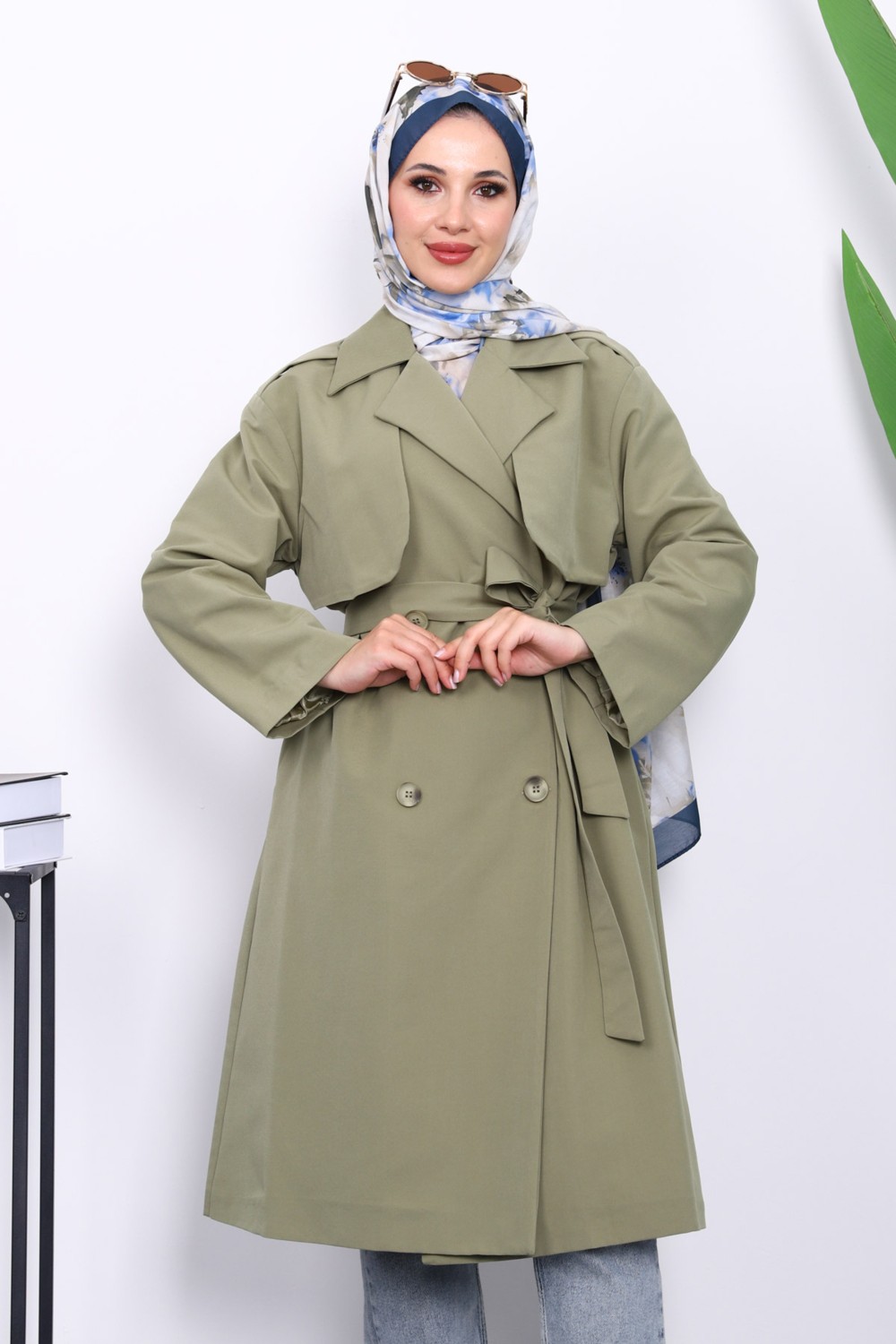 İmaj Butik Lacivert Kravuze Yaka Kuşaklı Cepli Trençkot görsel 7