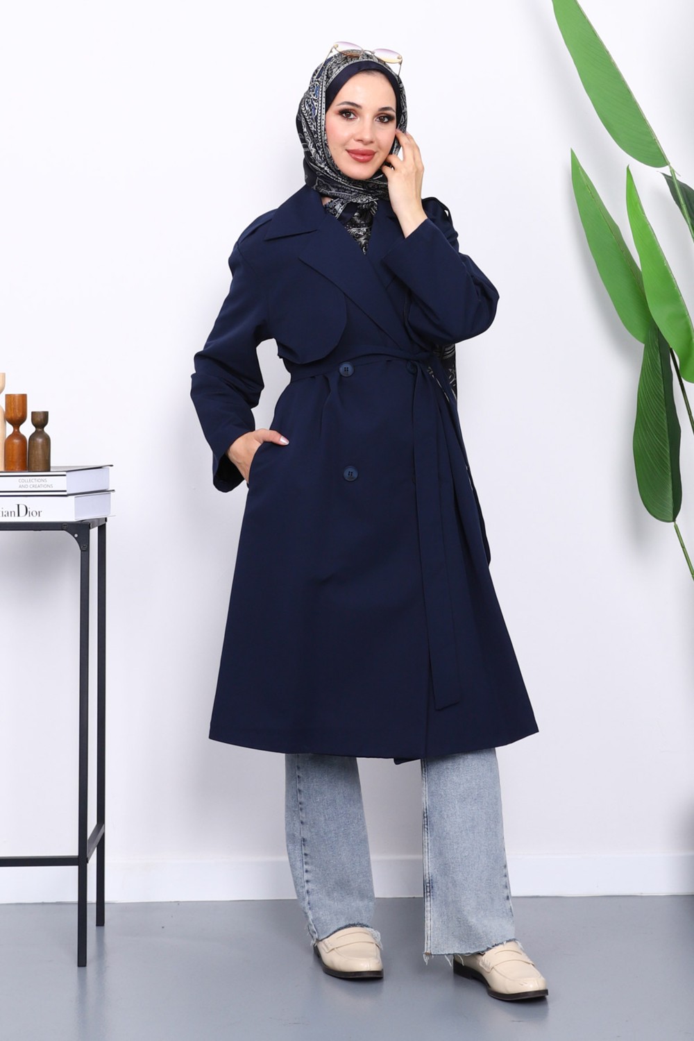 İmaj Butik Lacivert Kravuze Yaka Kuşaklı Cepli Trençkot