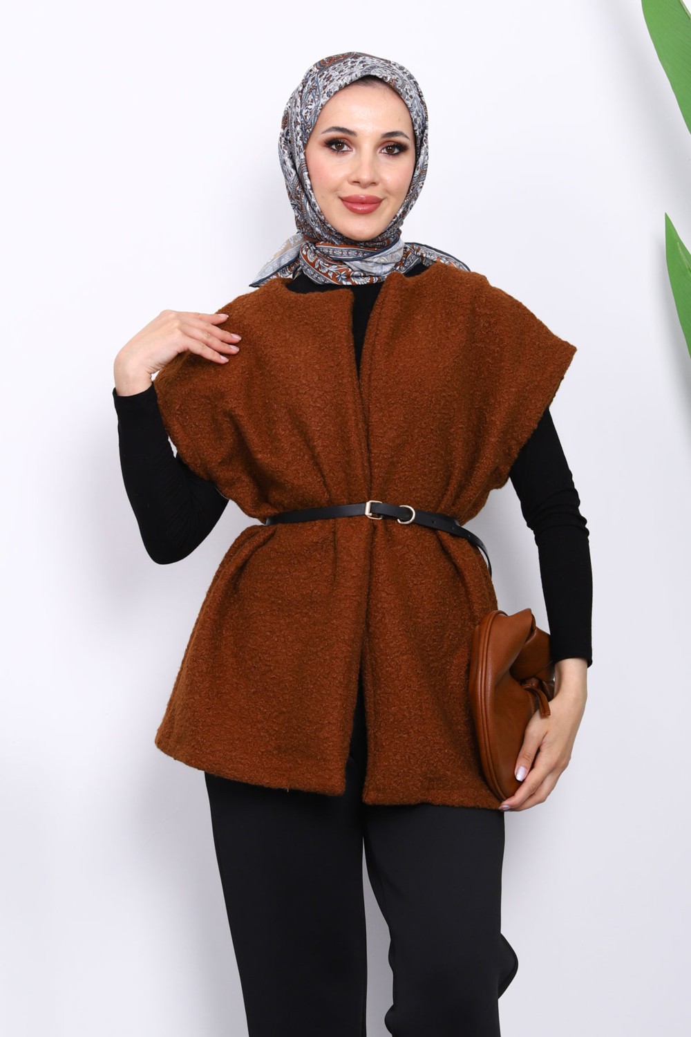 İmaj Butik Kırmızı Bel Kemerli Buklet Yelek görsel 3