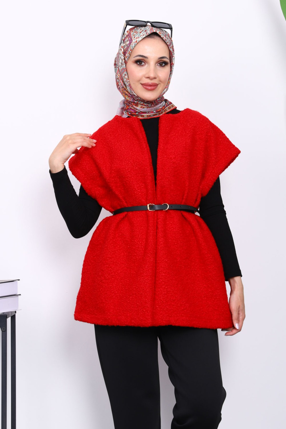 İmaj Butik Kırmızı Bel Kemerli Buklet Yelek görsel 5