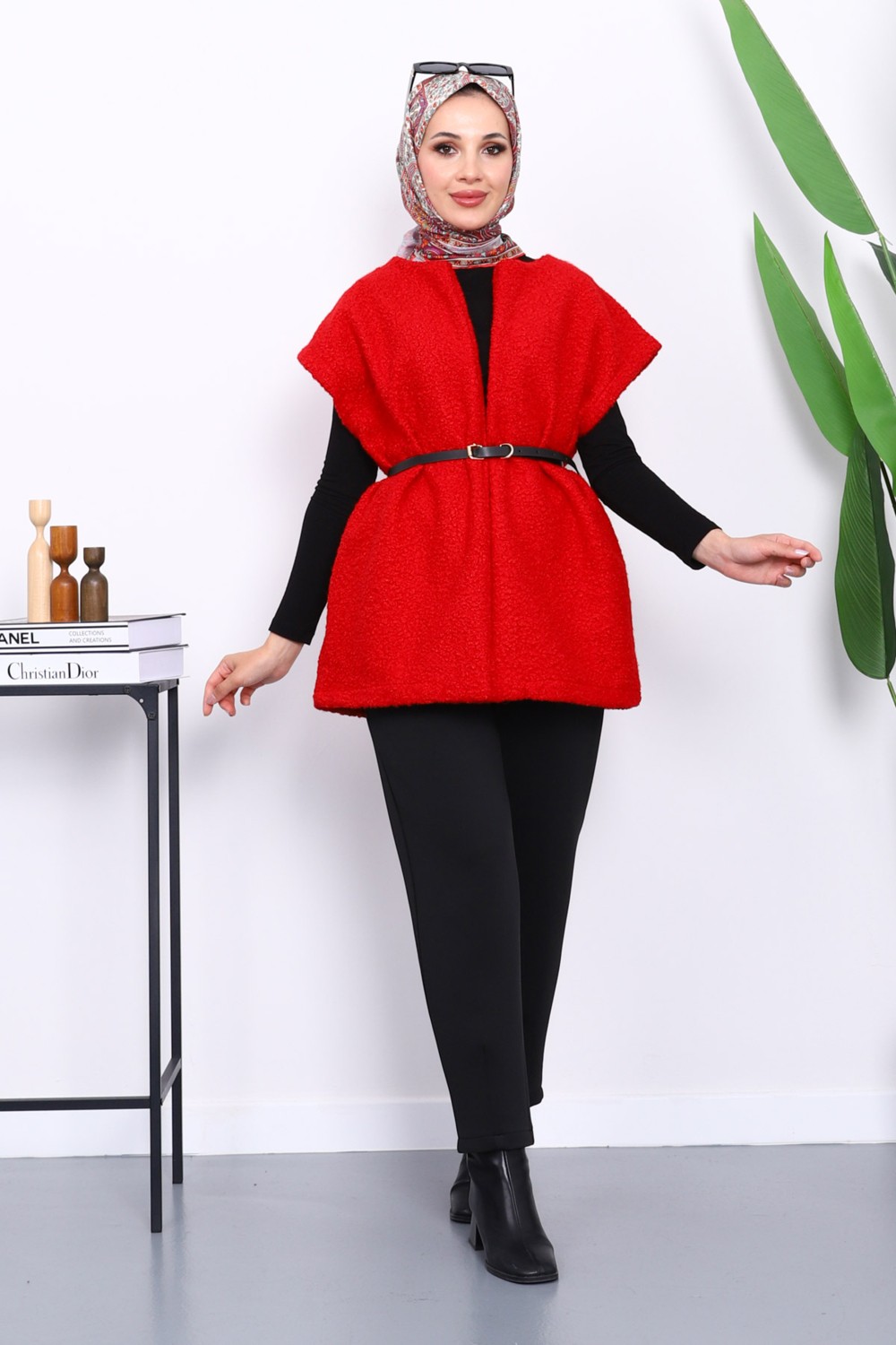 İmaj Butik Kırmızı Bel Kemerli Buklet Yelek görsel 6