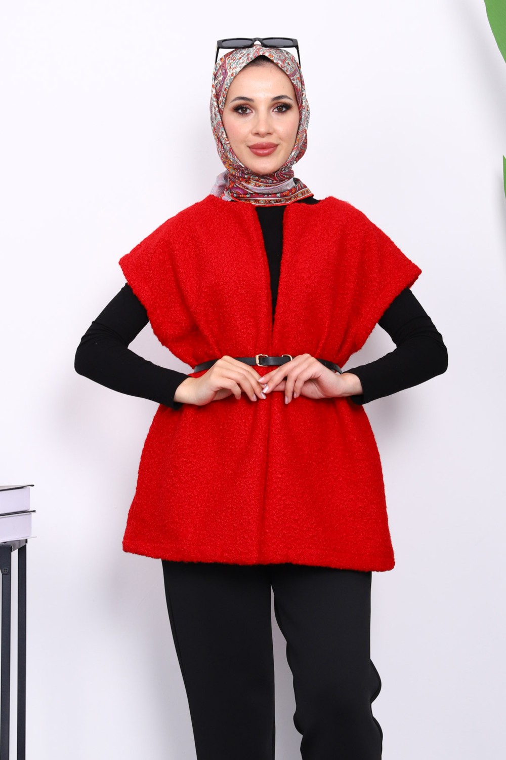 İmaj Butik Kırmızı Bel Kemerli Buklet Yelek görsel 7