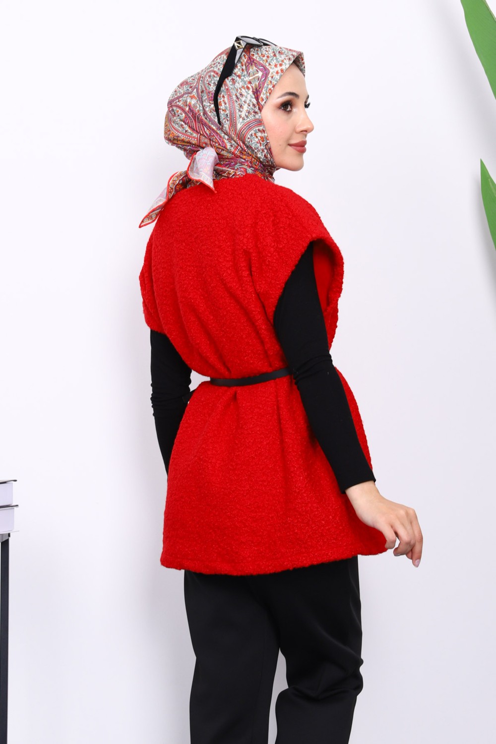 İmaj Butik Kırmızı Bel Kemerli Buklet Yelek görsel 8