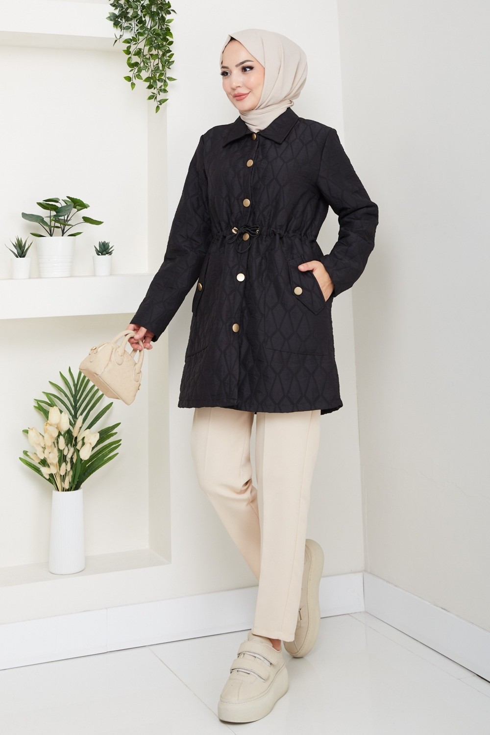 Pamuk Butik Kadın Beli Tünel Geçişli Büyük Beden Ceket Mont -PMK479 görsel 8