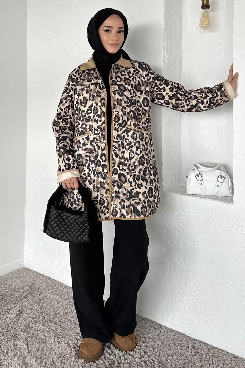 Julude Leopar Desenli Ön Çıtçıtlı Tesettür Trençkot P-00018858 görsel 4