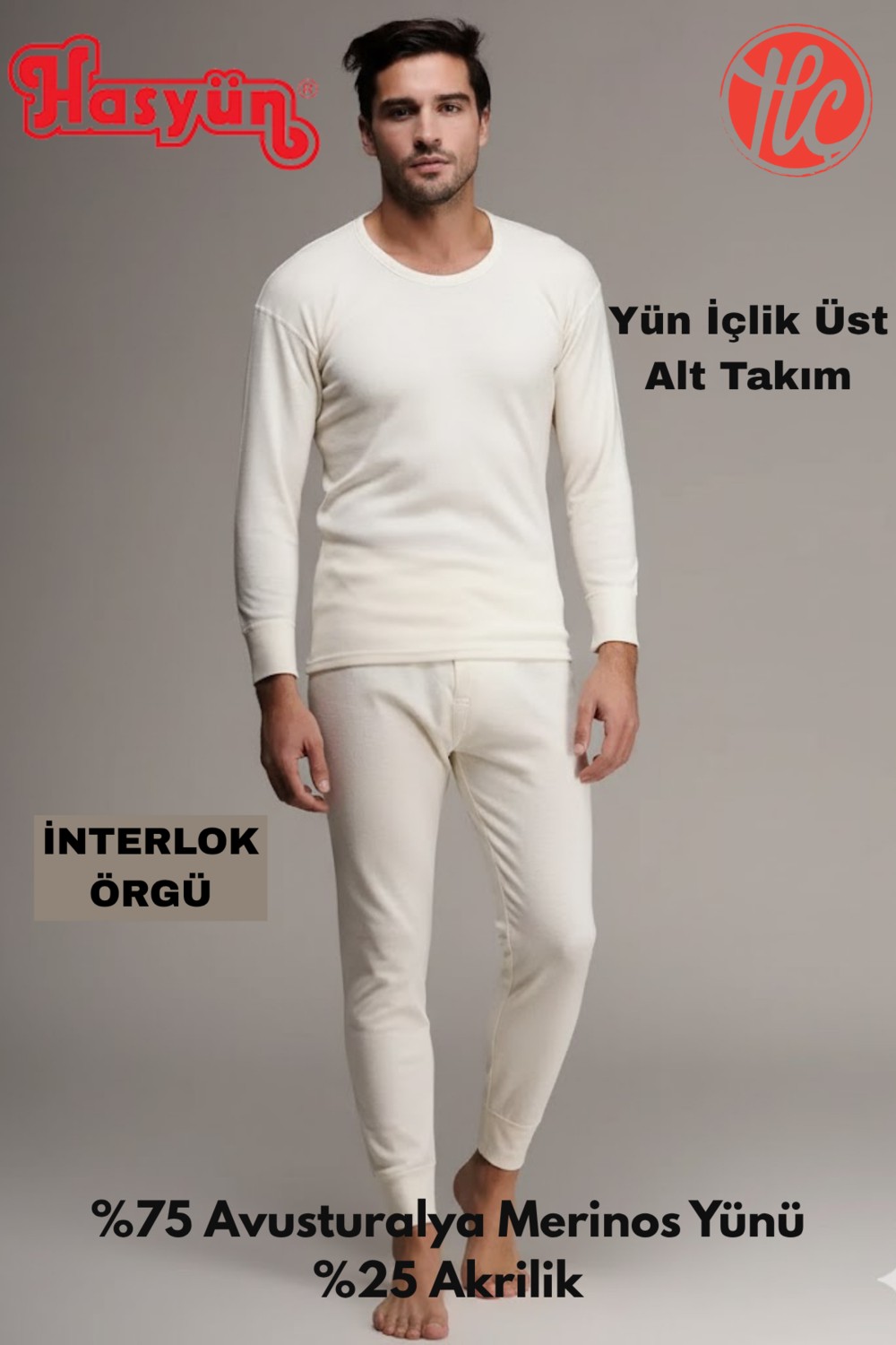 Hasyün Erkek Uzun Kol Ter Emici Kaşındırmaz %75 Yün Içlik Takım Bisiklet Yaka Normal Bel