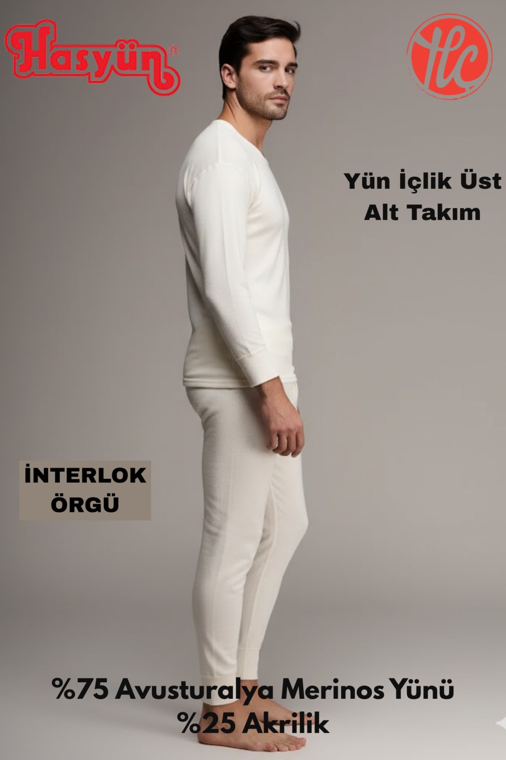 Hasyün Erkek Uzun Kol Ter Emici Kaşındırmaz %75 Yün Içlik Takım Bisiklet Yaka Normal Bel görsel 3