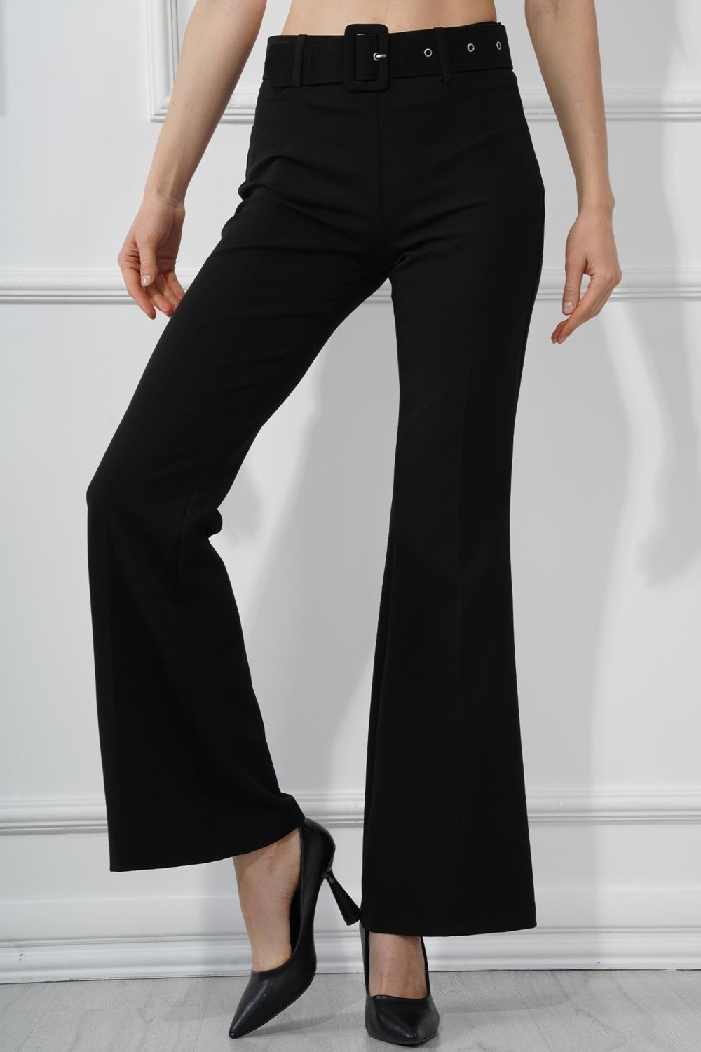 Manga Moda Kaside Manga Moda Kemerli Ispanyol Paça Kumaş Pantolon M1571 Siyah
