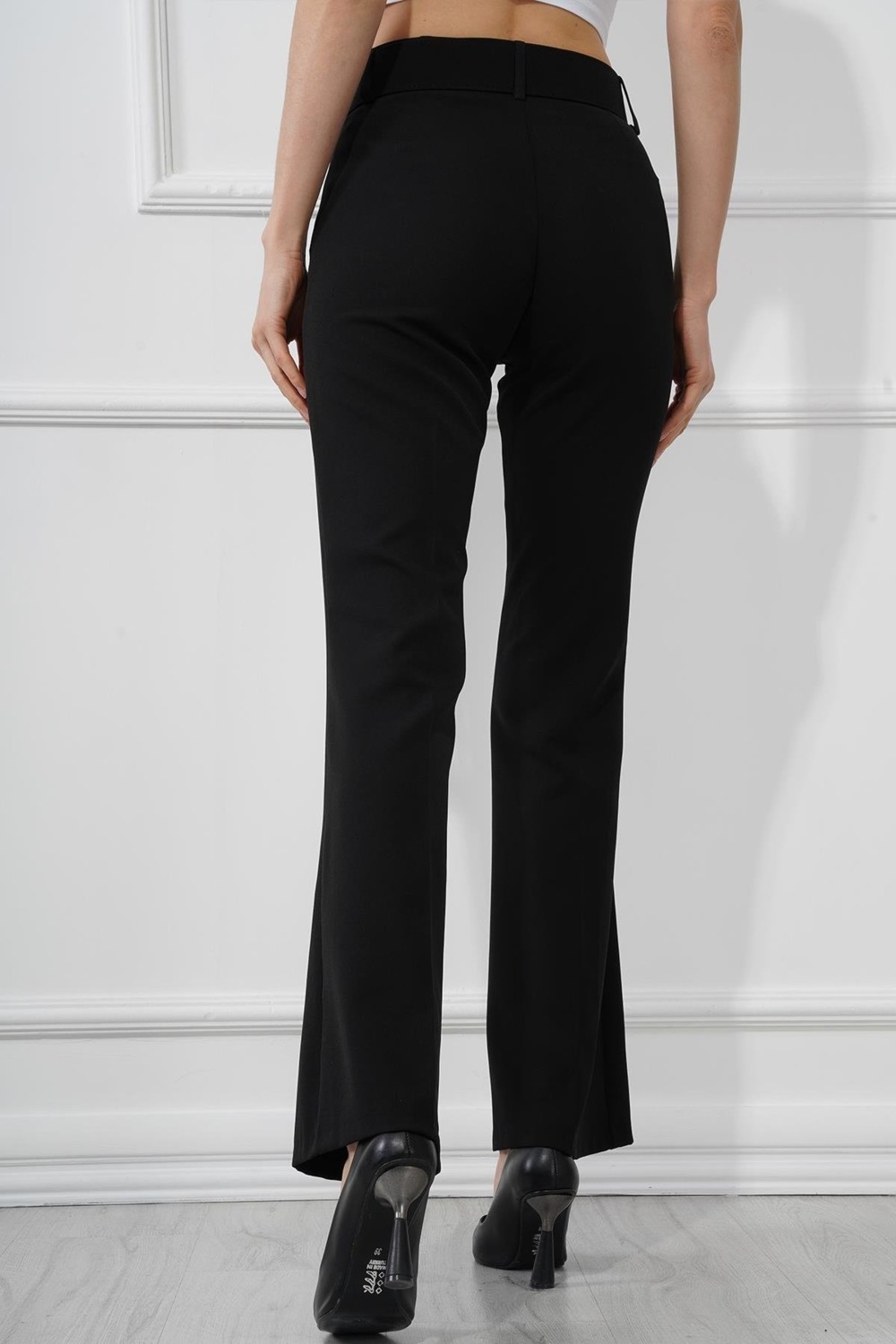 Manga Moda Kaside Manga Moda Kemerli Ispanyol Paça Kumaş Pantolon M1571 Siyah görsel 2