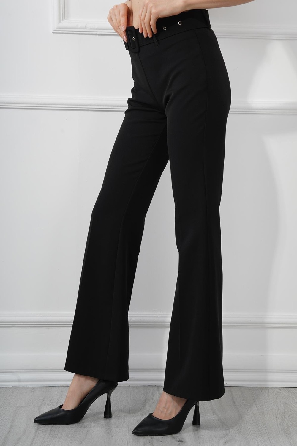 Manga Moda Kaside Manga Moda Kemerli Ispanyol Paça Kumaş Pantolon M1571 Siyah görsel 4