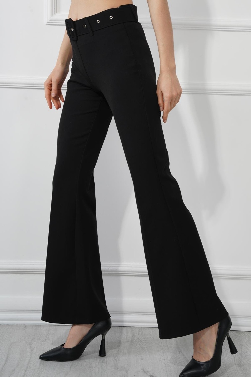 Manga Moda Kaside Manga Moda Kemerli Ispanyol Paça Kumaş Pantolon M1571 Siyah görsel 5