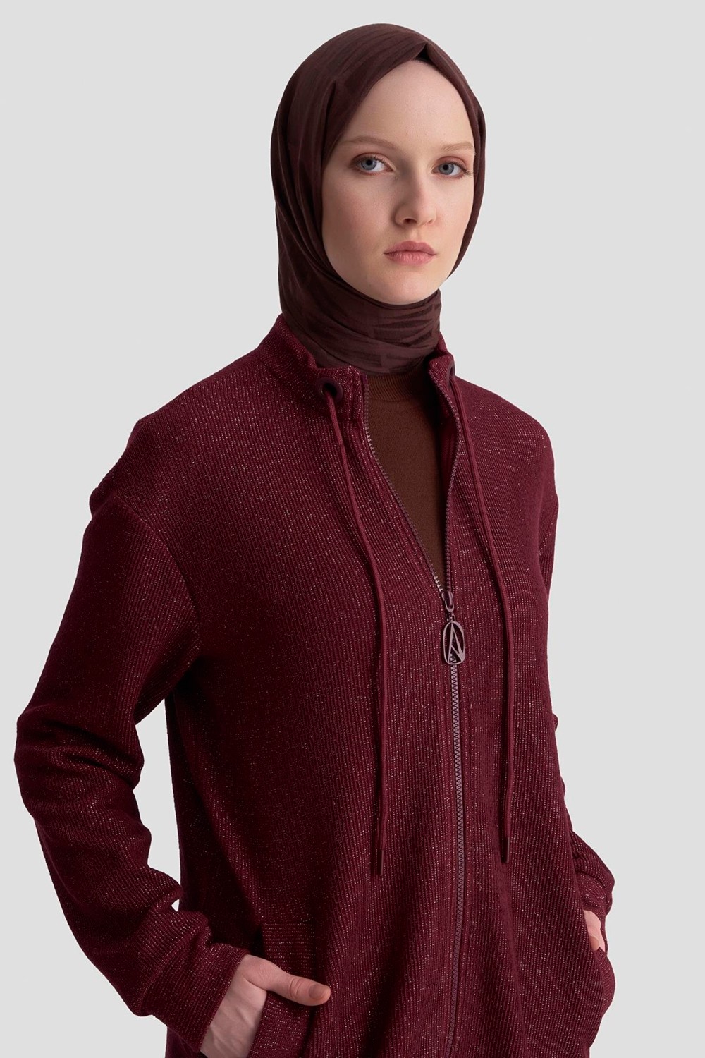 Armine Trend Kuşgözü Detaylı Fitilli Simli Cepli Ceket Vişne 25KT555 görsel 3