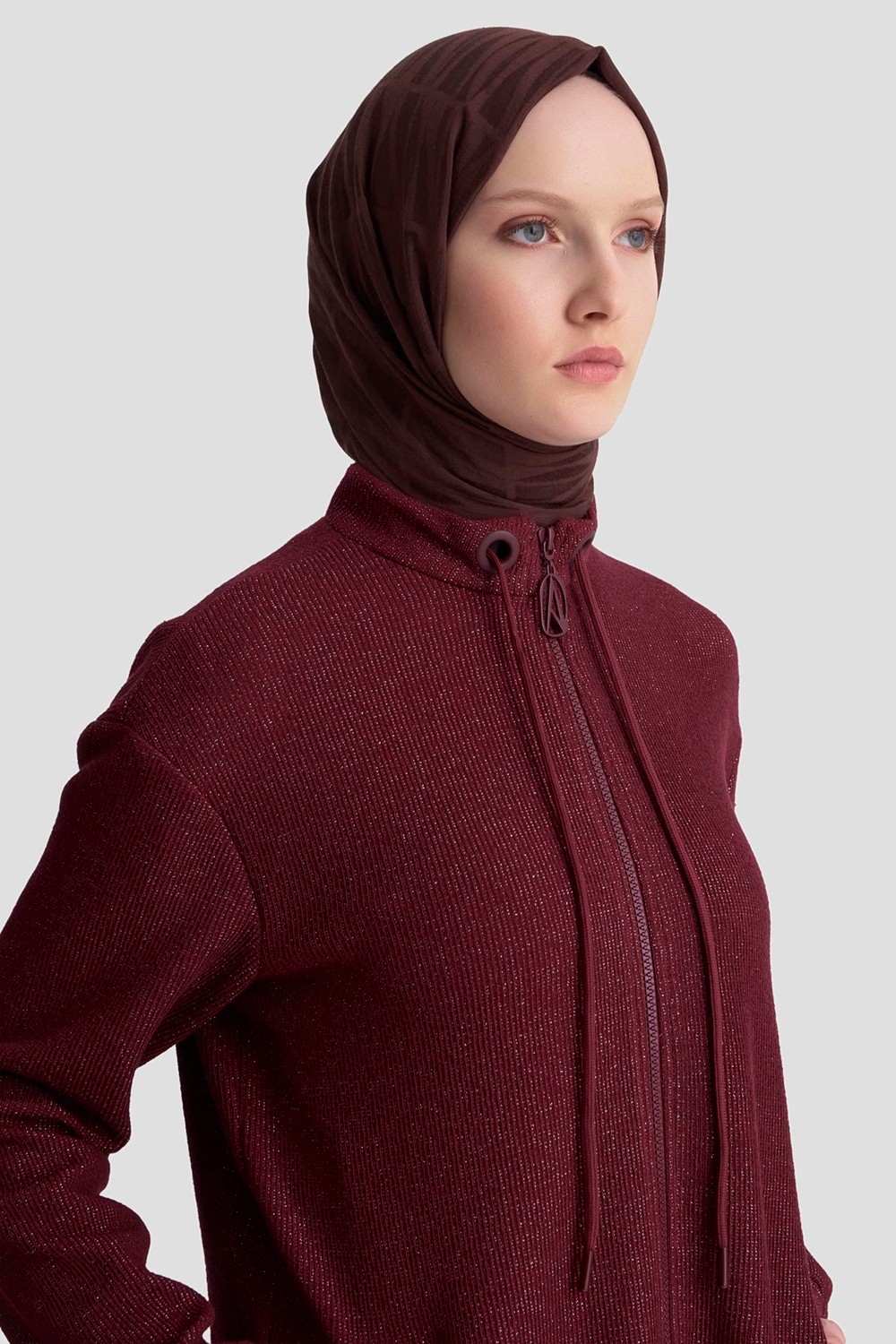 Armine Trend Kuşgözü Detaylı Fitilli Simli Cepli Ceket Vişne 25KT555 görsel 4