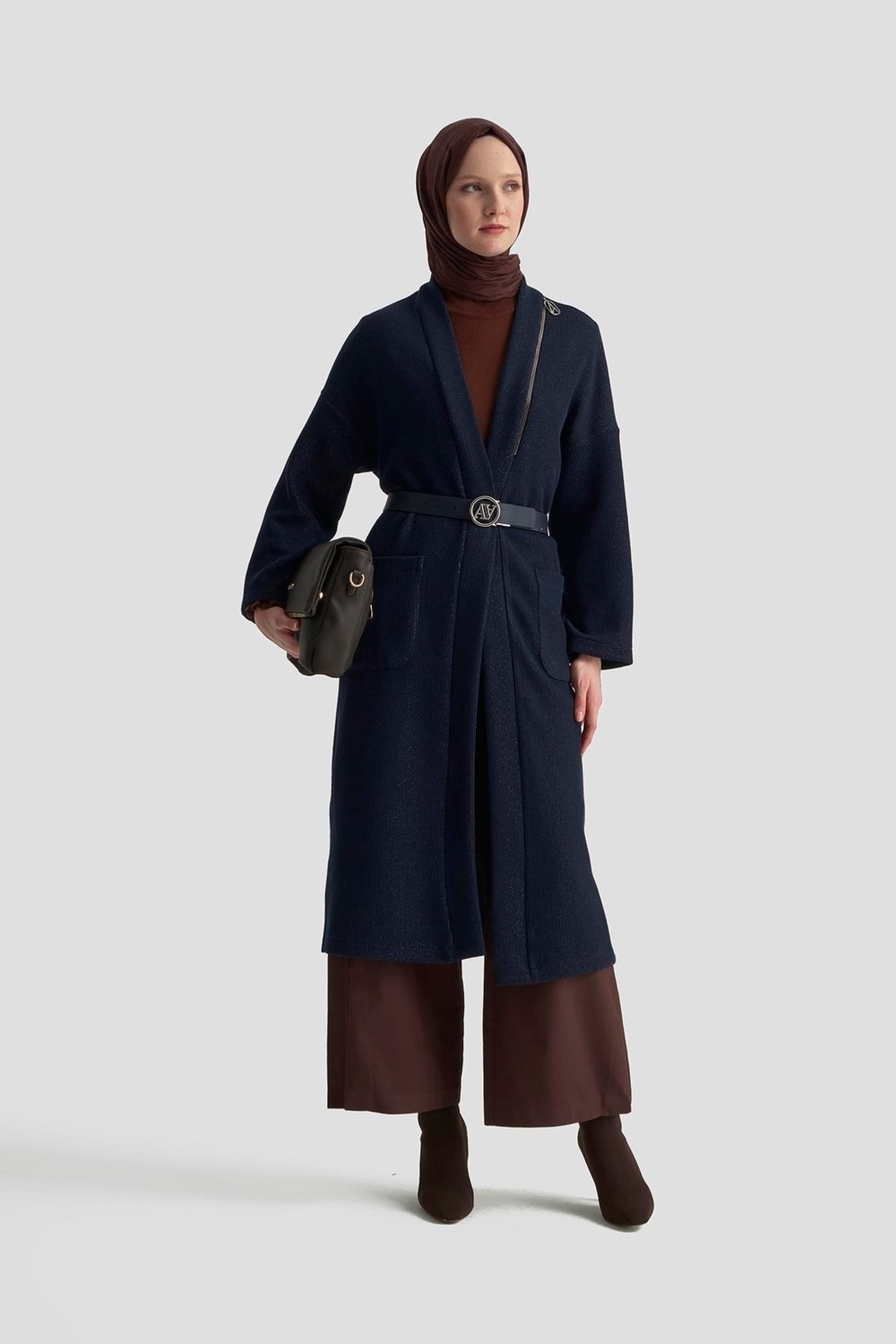 Armine Trend Süs Fermuar Detaylı Simli Fitilli Hırka 115 Cm Boy Lacivert 25KT532