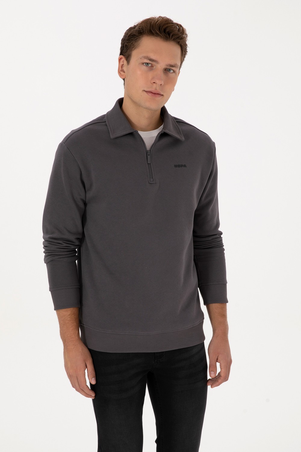 U.S. Polo Assn. Erkek Regular Fit Yarım Fermuarlı Şardonlu Siyah Basic Sweatshirt 50313783-VR046