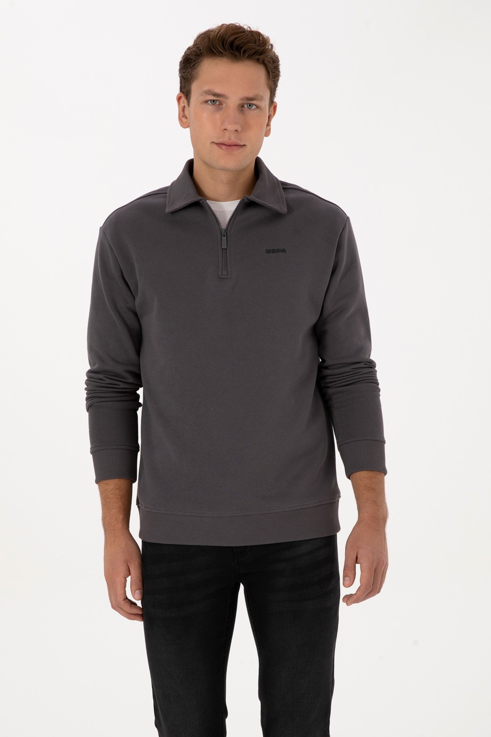 U.S. Polo Assn. Erkek Regular Fit Yarım Fermuarlı Şardonlu Siyah Basic Sweatshirt 50313783-VR046 görsel 3