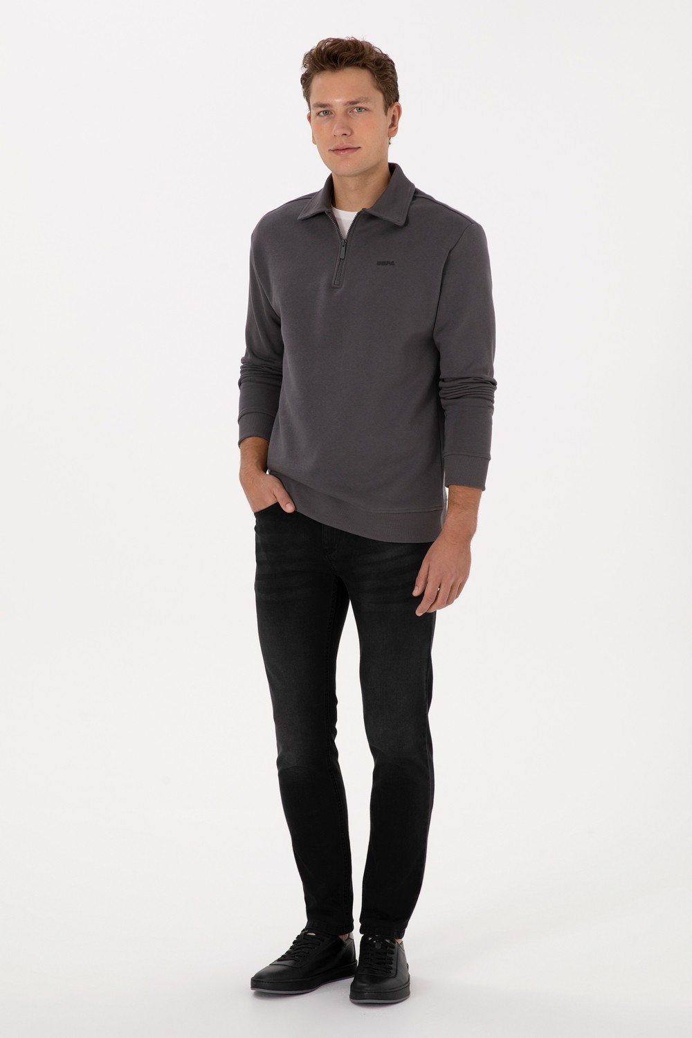 U.S. Polo Assn. Erkek Regular Fit Yarım Fermuarlı Şardonlu Siyah Basic Sweatshirt 50313783-VR046 görsel 4