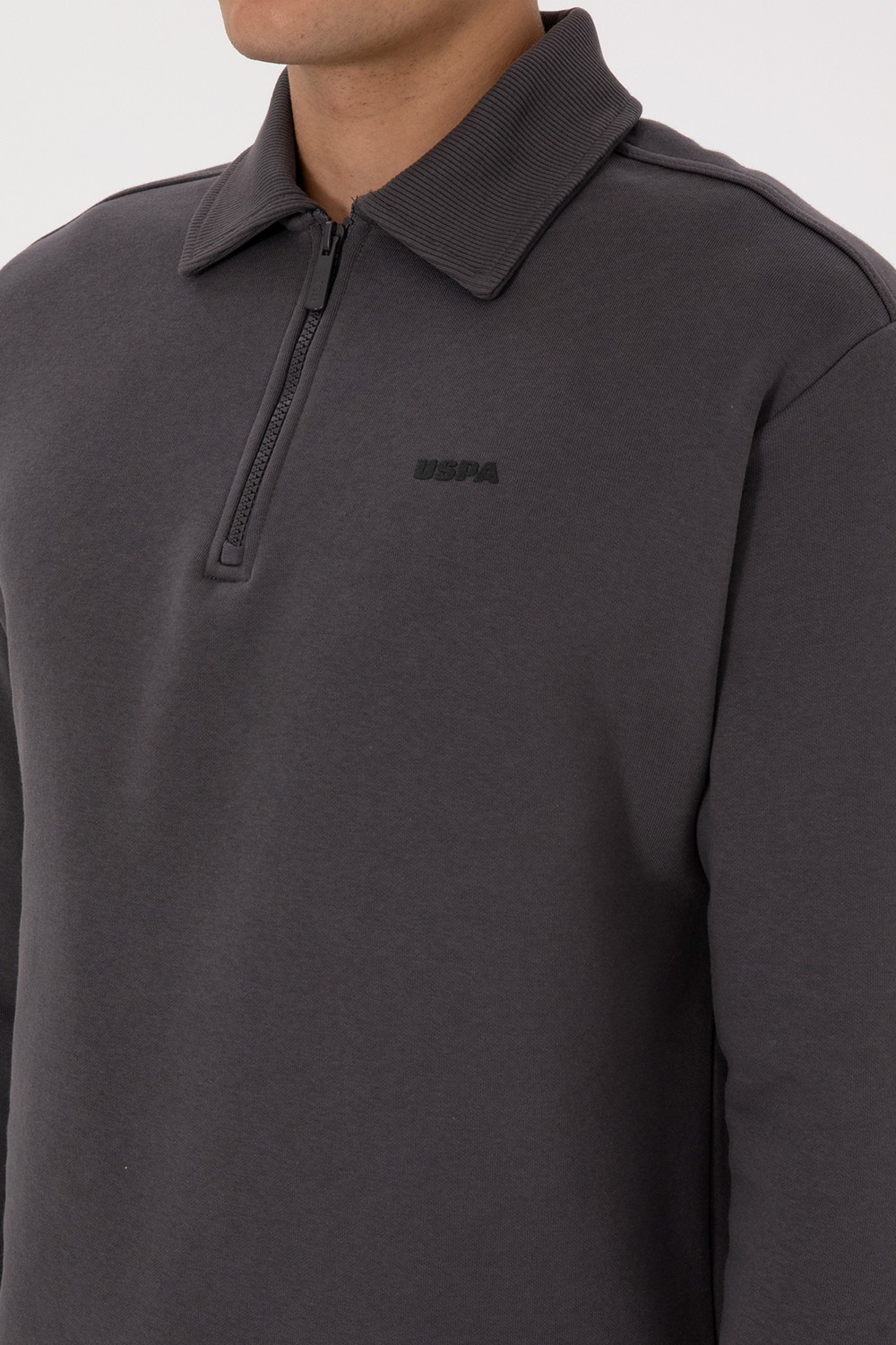U.S. Polo Assn. Erkek Regular Fit Yarım Fermuarlı Şardonlu Siyah Basic Sweatshirt 50313783-VR046 görsel 7