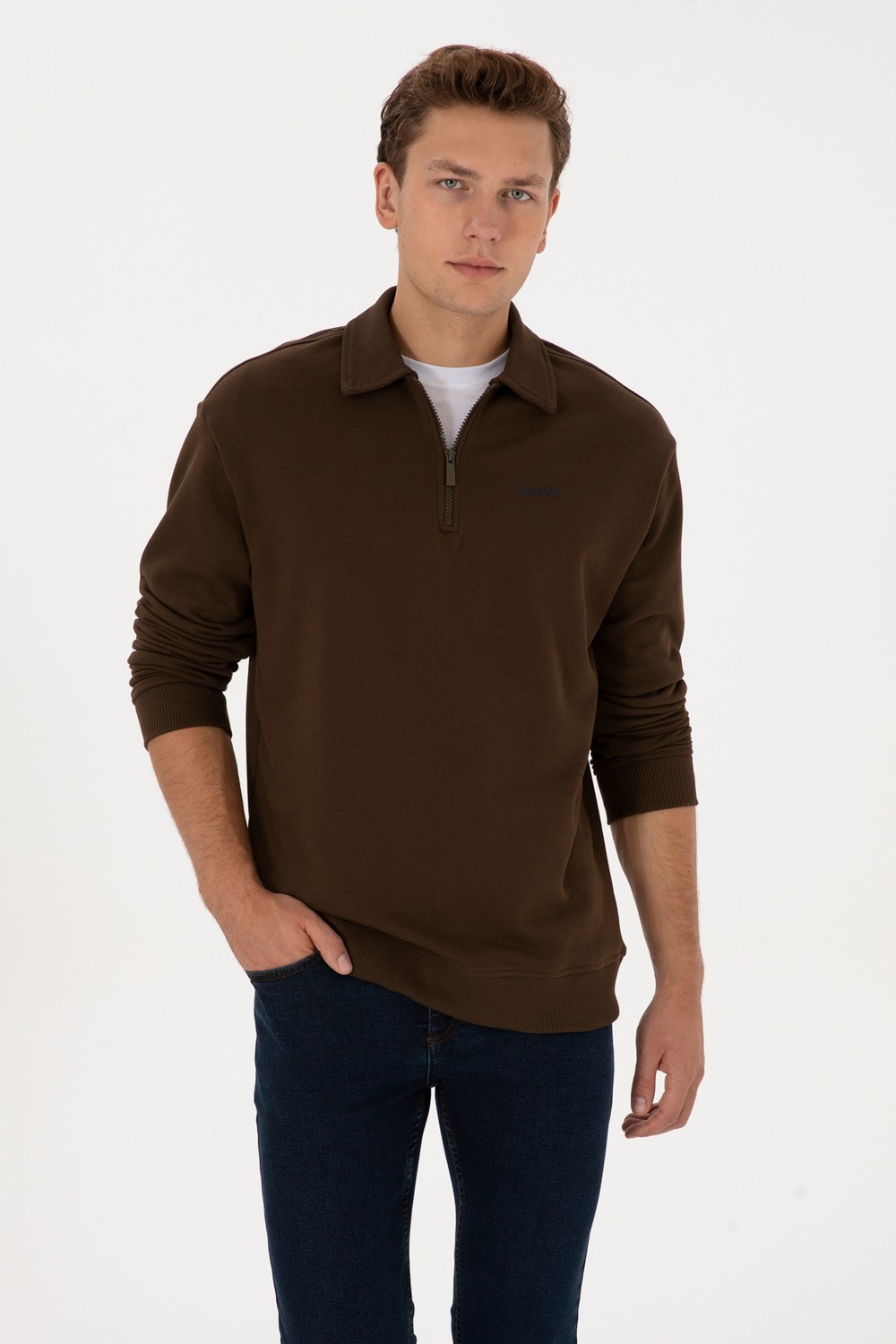 U.S. Polo Assn. Erkek Regular Fit Yarım Fermuarlı Şardonlu Siyah Basic Sweatshirt 50313783-VR046 görsel 8