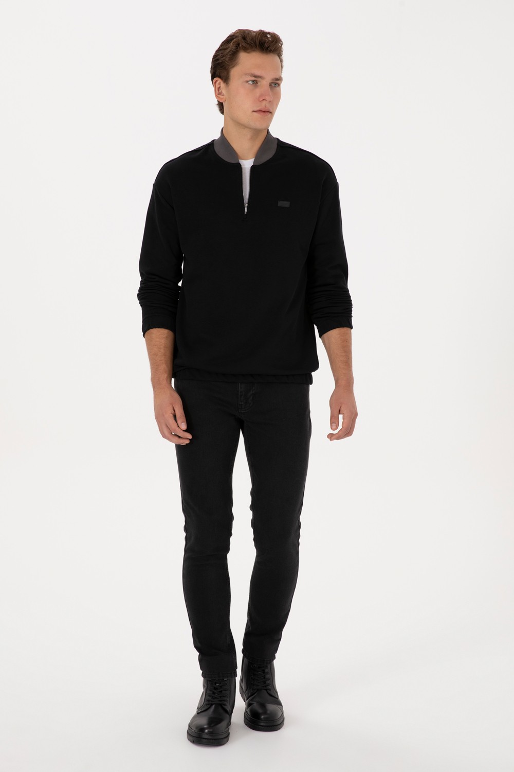 U.S. Polo Assn. Erkek Comfort Fit Yarım Fermuarlı Siyah Sweatshirt 50309019-VR046 görsel 4